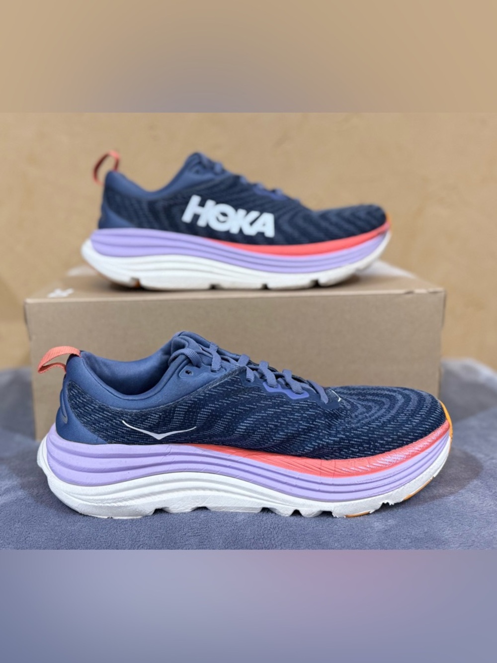 HOKA Women's Gaviota 5 Road Running Shoes in Anchor/Grapefruit, Size 8.5D - Picture 2 of 7
